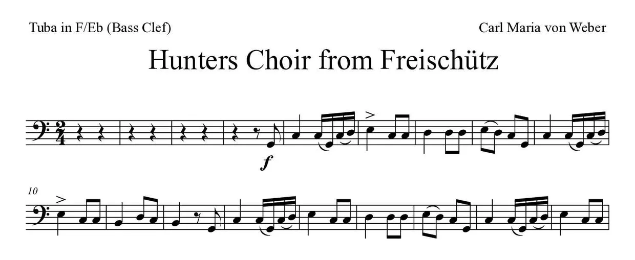Partitura de Hunters Choir from Freischütz para tuba en Fa/Mib (clave de Fa), primeras líneas