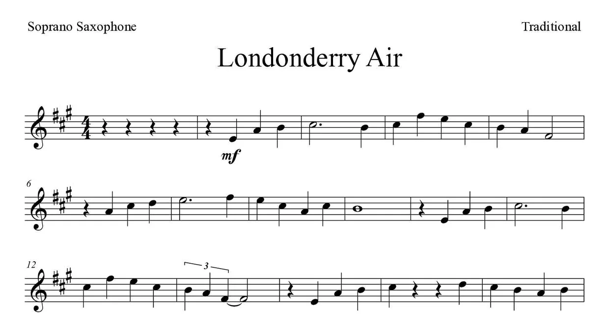 Spartito di Londonderry Air per soprano saxophone, prime righe