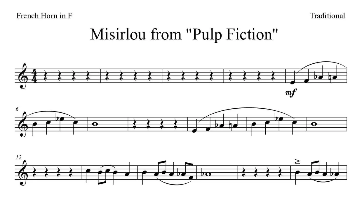 Partitura de Misirlou from "Pulp Fiction" para trompa, primeiras linhas