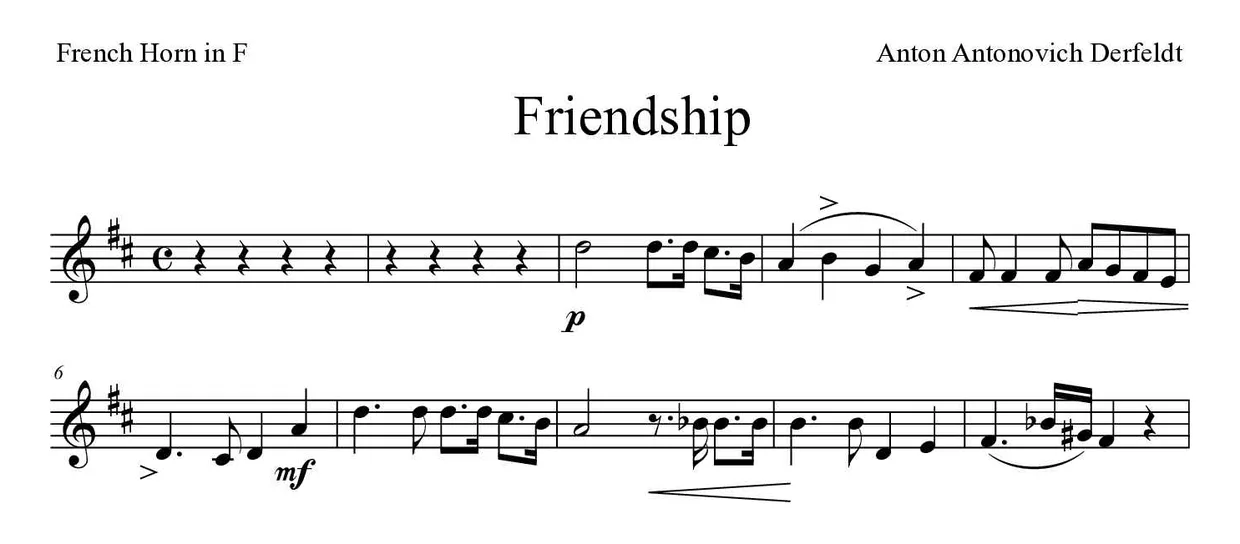 Partition de Friendship pour cor d'harmonie, premières lignes