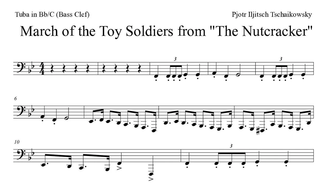 Partition de March of the Toy Soldiers from "The Nutcracker" pour tuba en si bémol/do (clé de fa), premières lignes