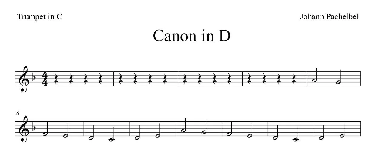 Partitura de Canon in D para trompete em Do, primeiras linhas
