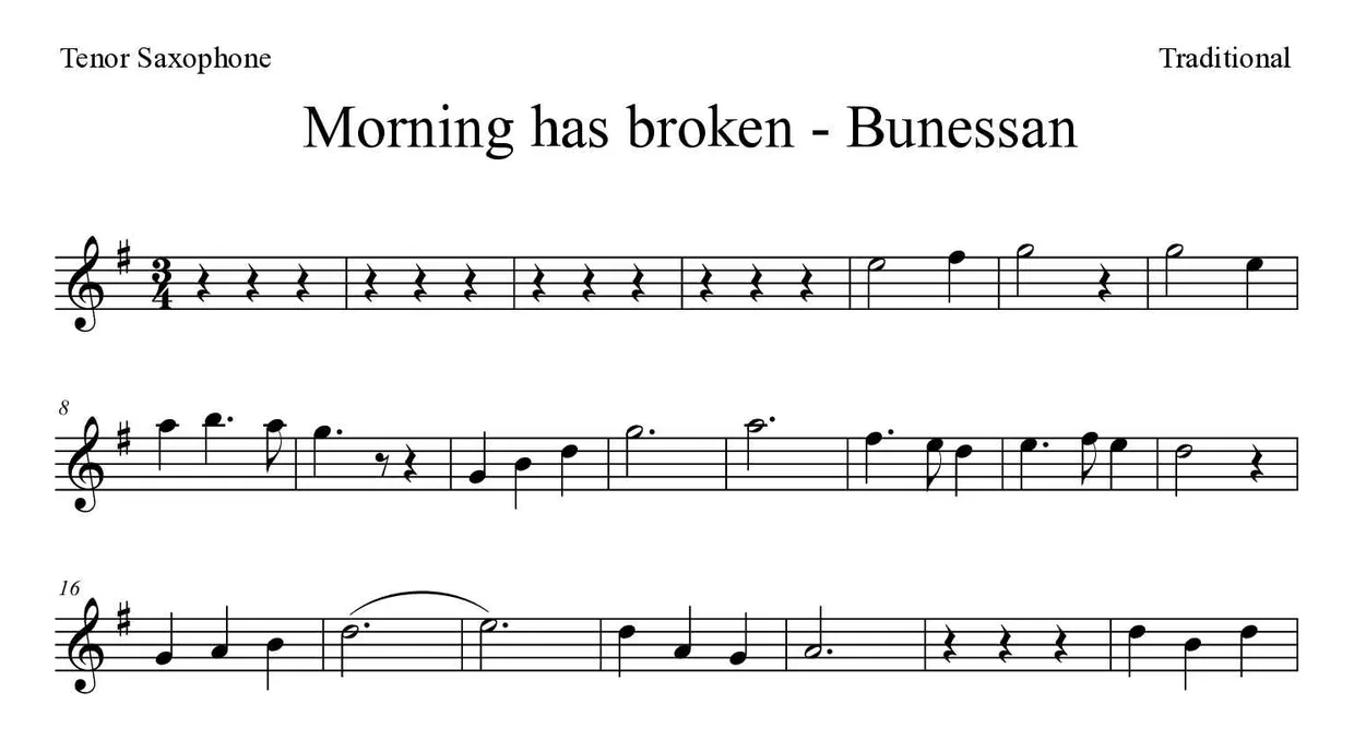 「Morning has broken - Bunessan 」Tenor Saxophone用楽譜の最初の数段