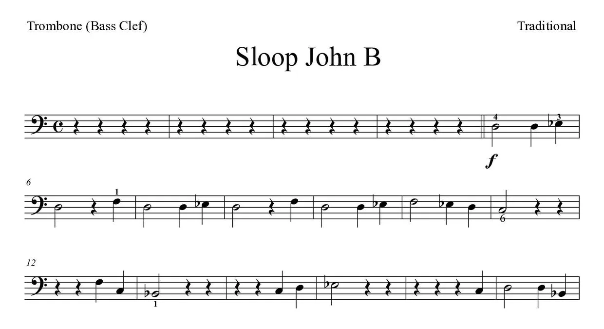 Partitura de Sloop John B para trombone, primeiras linhas