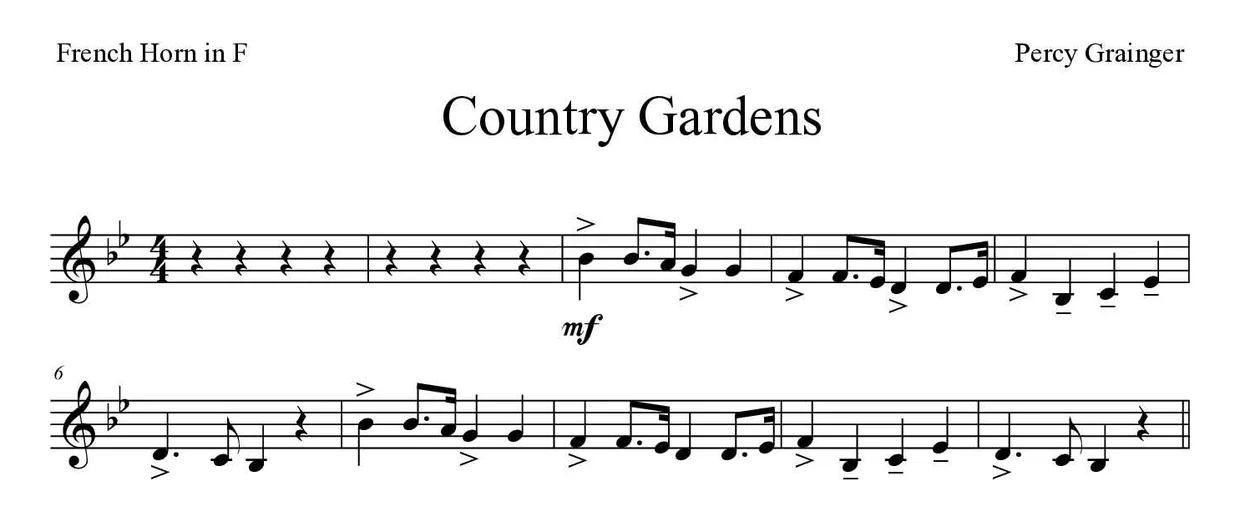 Partition de Country Gardens pour cor d'harmonie, premières lignes