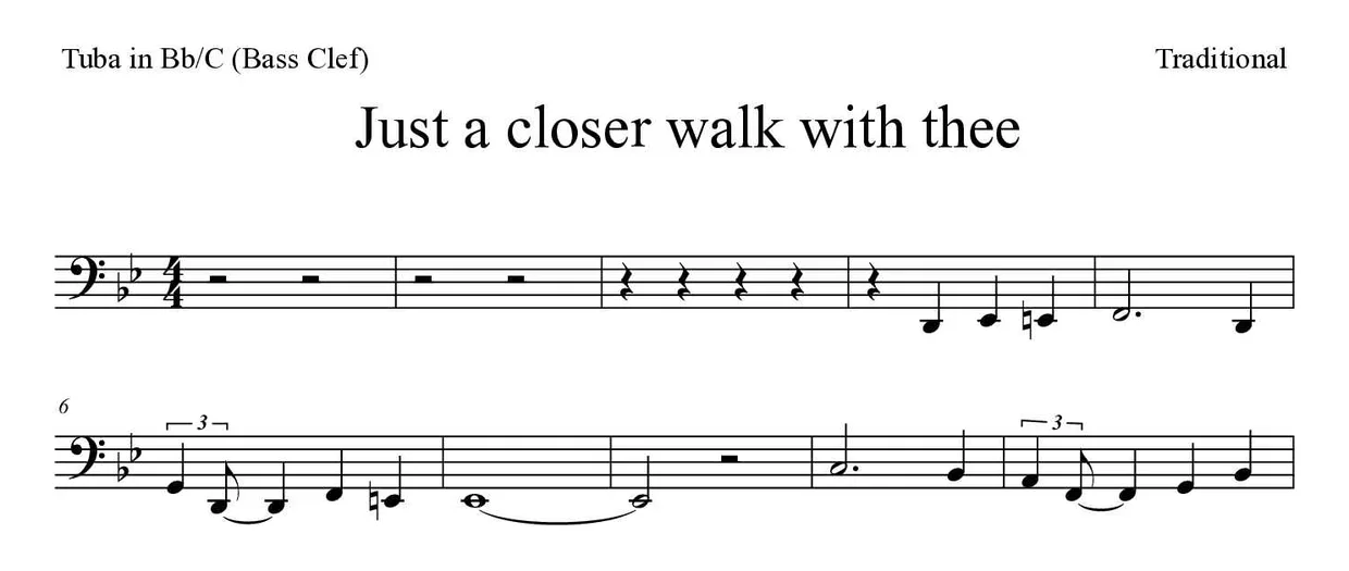 Sheet music of Just a closer walk with thee for tuba in Bb/C (bass clef) (Medium), first lines