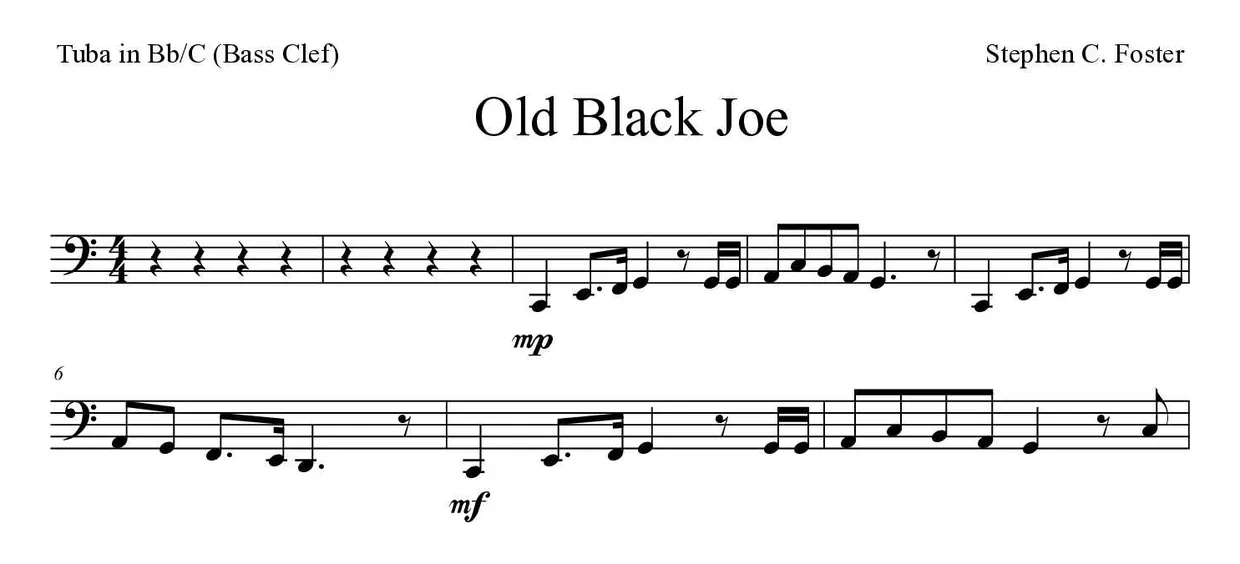 Partitura de Old Black Joe para tuba em Sib/Do (clave de Fa), primeiras linhas