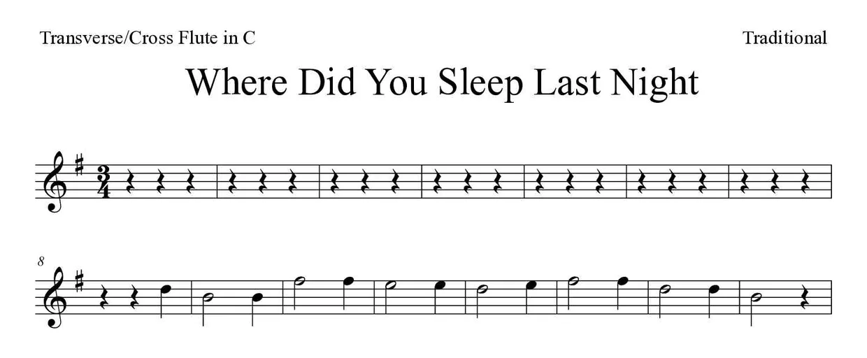 Sheet music of Where Did You Sleep Last Night for flute (Easy), first lines