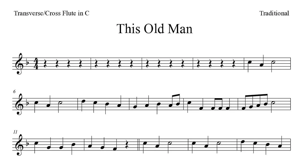 Partitura de This Old Man para flauta traversa, primeras líneas