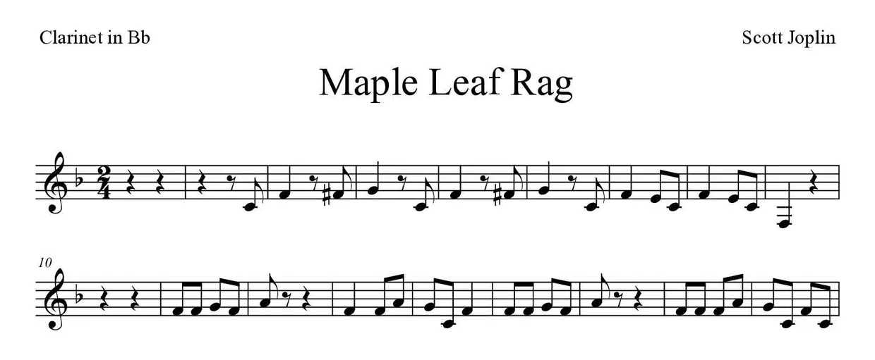 Partition de Maple Leaf Rag pour clarinette, premières lignes