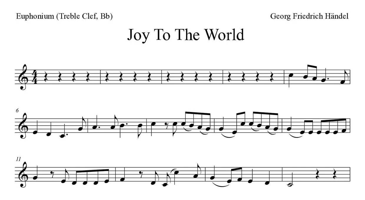 Partitura de Joy to the World para bombardino (clave de Sol, Sib), primeras líneas