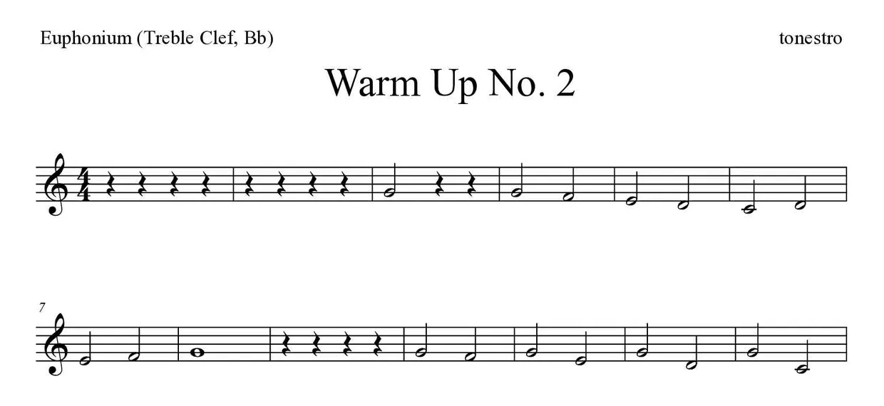 Partitura de Warm Up No. 2 para bombardino (clave de Sol, Sib), primeras líneas