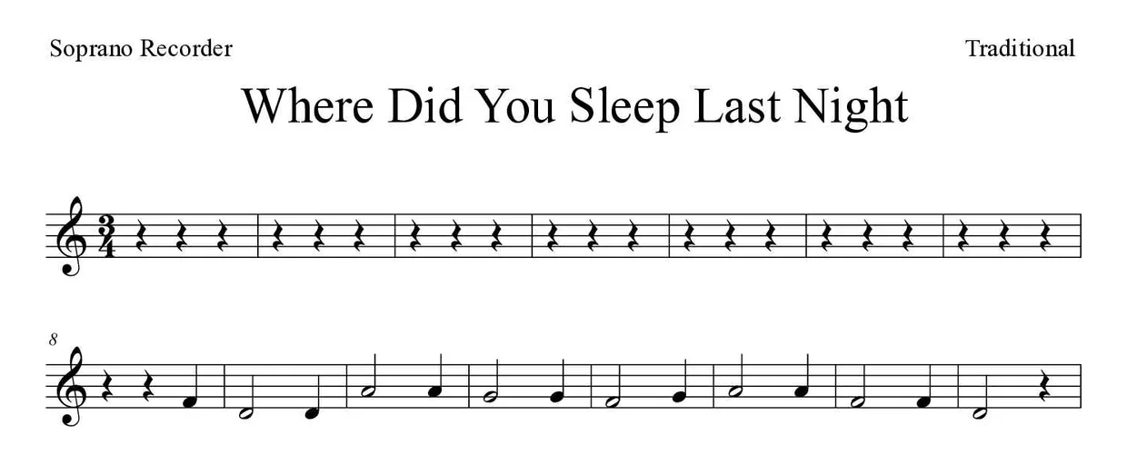 Partitura de Where Did You Sleep Last Night para flauta de bisel, primeiras linhas