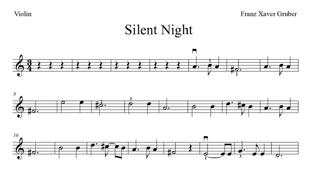 Sheet music of Silent Night for violin (Medium), first lines
