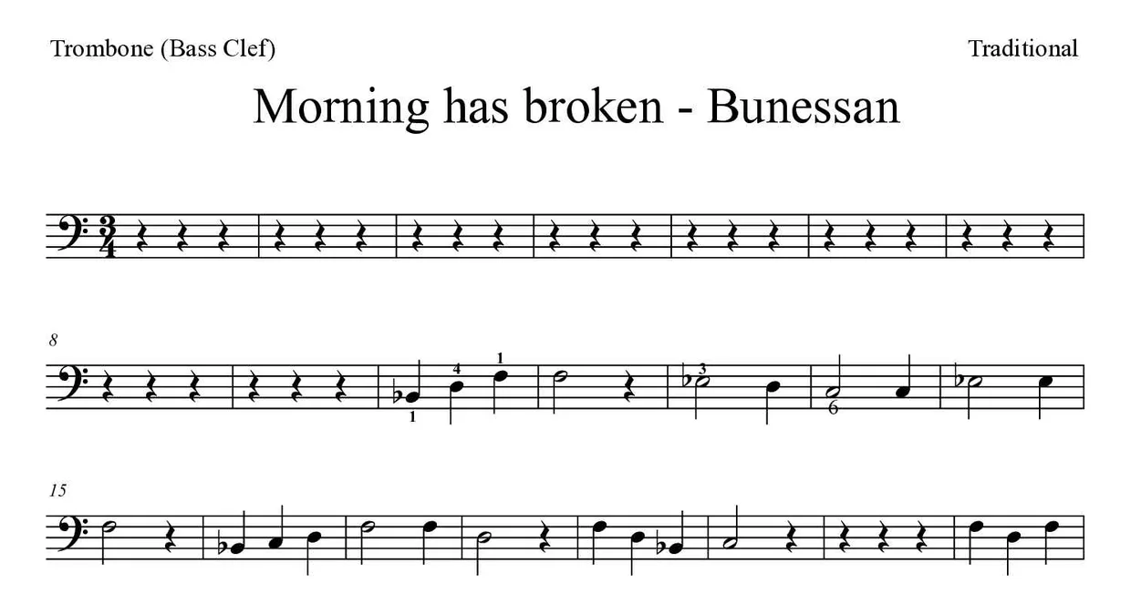 Partitura de Morning has broken - Bunessan para trombón, primeras líneas