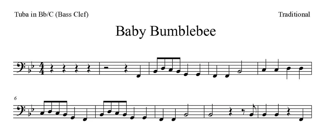 ‘Baby Bumblebee’ Tuba in Bb/C (Bass Clef) 악보의 첫 몇 줄