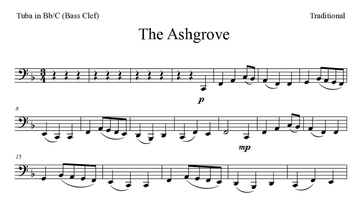 ‘The Ashgrove’ Tuba in Bb/C (Bass Clef) 악보의 첫 몇 줄