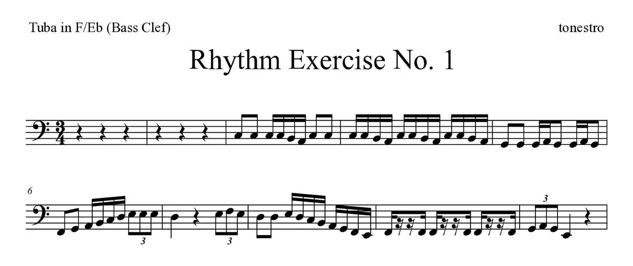 Bladmuziek van Rhythm Exercise No. 1 voor tuba in F/Eb (bass clef), eerste regels