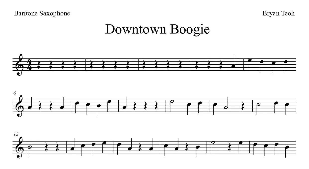 Sheet music of Downtown Boogie for baritone saxophone (Easy), first lines