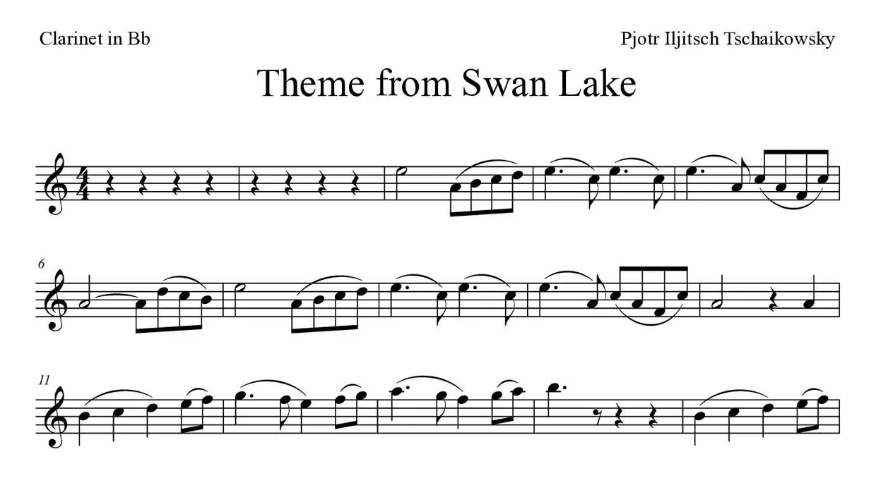 ‘Theme from Swan Lake’ Clarinet 악보의 첫 몇 줄
