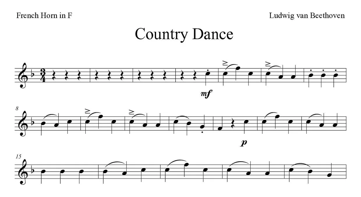 Partitura de Country Dance para trompa, primeras líneas