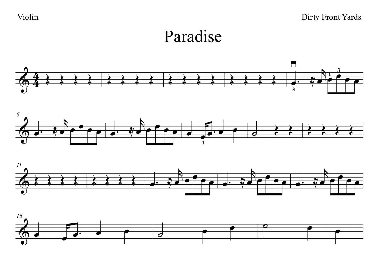 「Paradise」Violin用楽譜の最初の数段