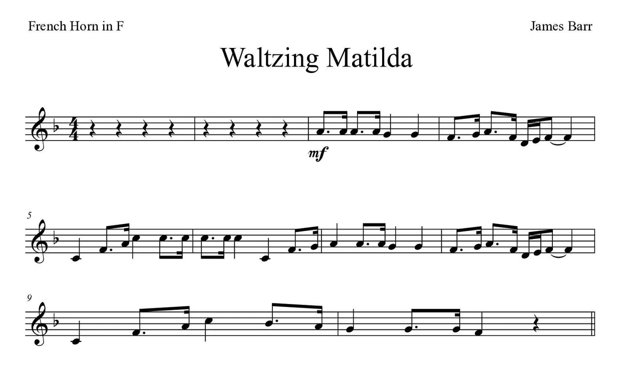 Partition de Waltzing Matilda pour cor d'harmonie, premières lignes