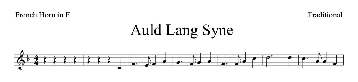 「Auld Lang Syne」French Horn用楽譜の最初の数段