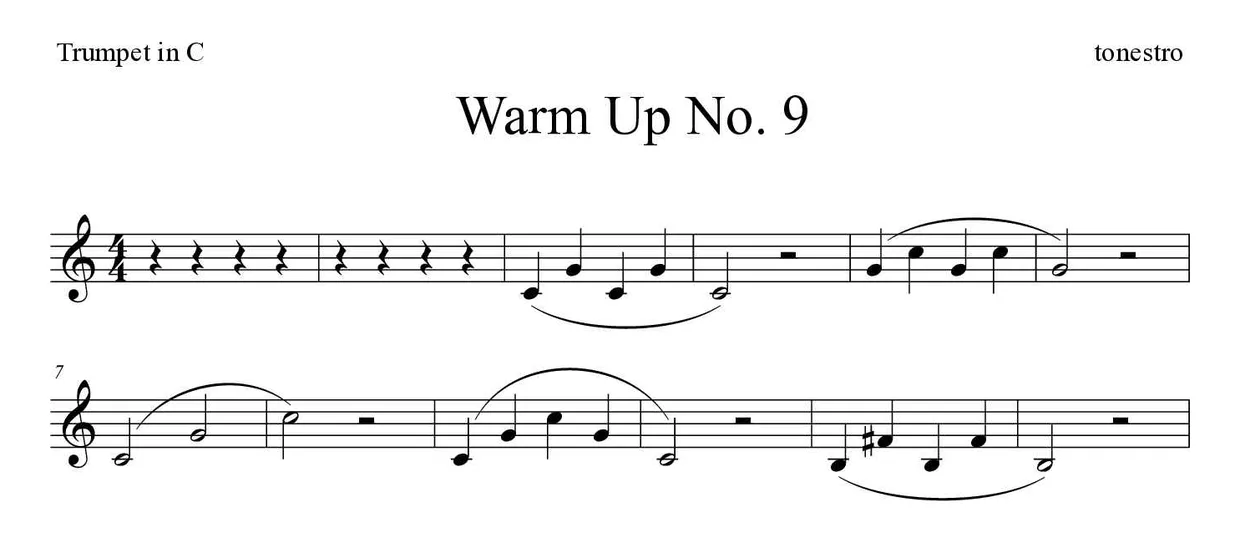 Sheet music of Warm Up No. 9 for trumpet in C (Medium), first lines