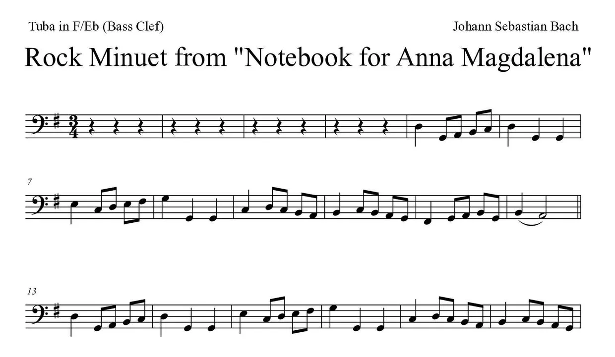 ‘Rock Minuet from "Notebook for Anna Magdalena"’ Tuba in F/Eb (Bass Clef) 악보의 첫 몇 줄