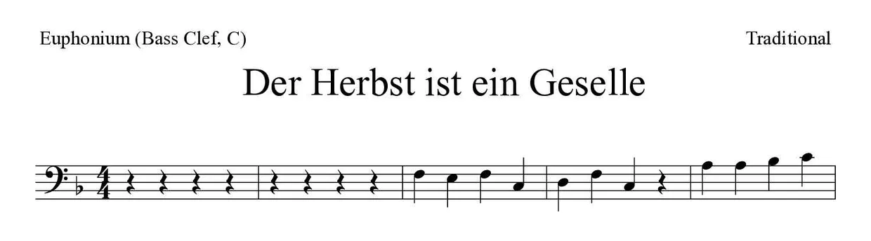 《Der Herbst ist ein Geselle》上低音号（低音谱号，C）乐谱前几行