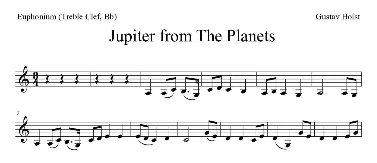 Bladmuziek van Jupiter from The Planets voor euphonium (treble clef, Bb), eerste regels