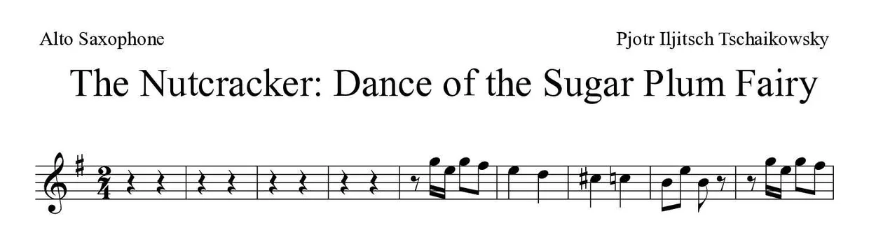 Bladmuziek van The Nutcracker: Dance of the Sugar Plum Fairy voor alto saxophone, eerste regels