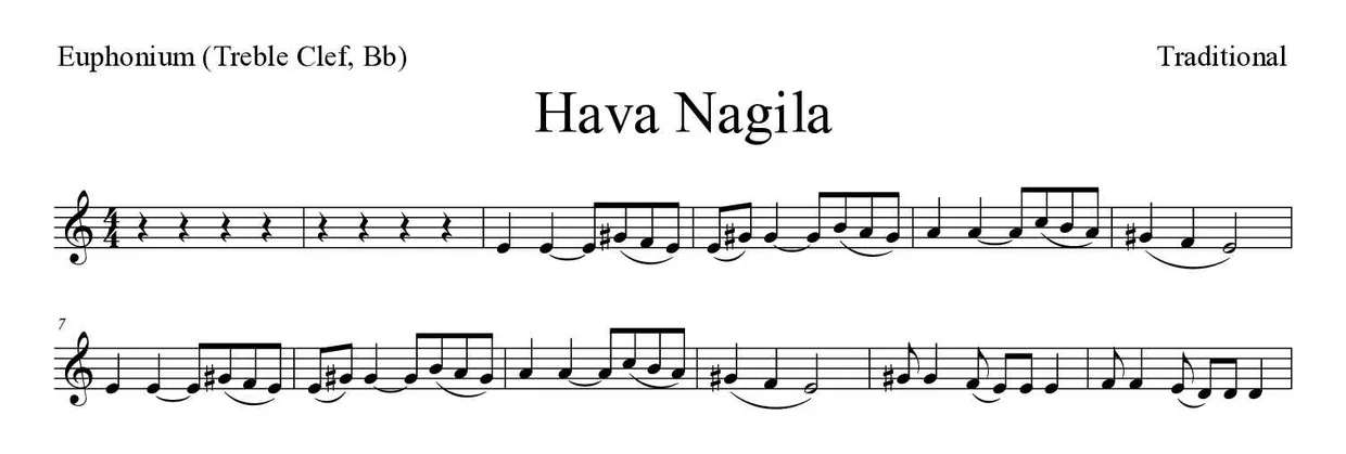 Partitura de Hava Nagila para bombardino (clave de Sol, Sib), primeras líneas