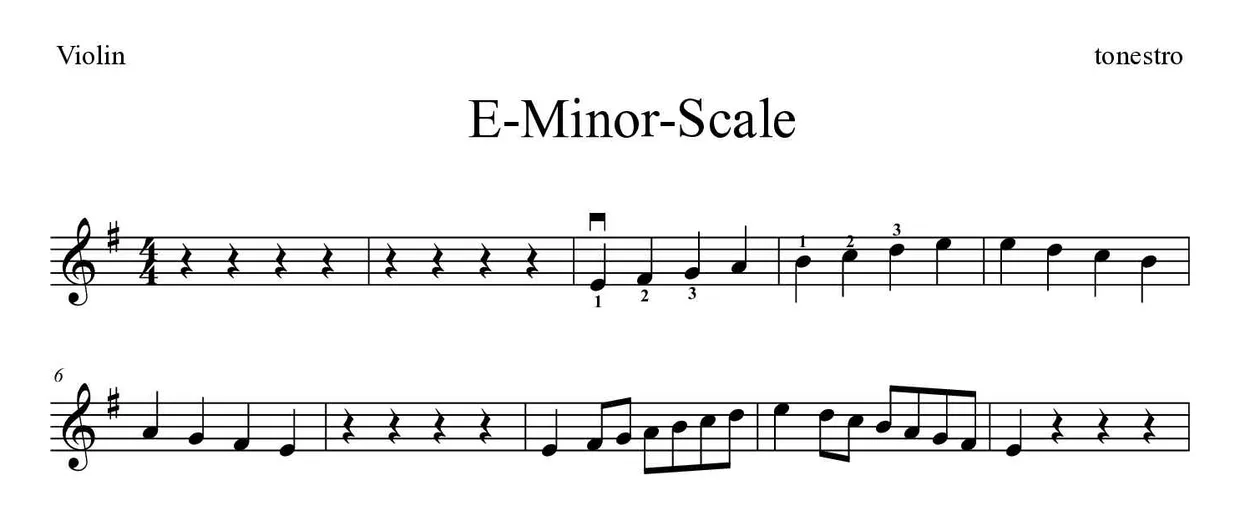 Partitura de E-Minor-Scale para violín, primeras líneas