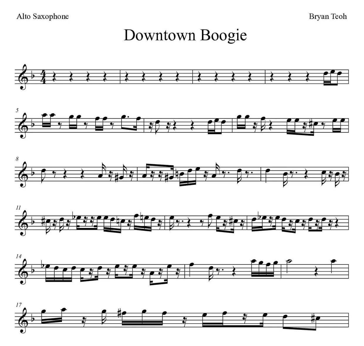 Sheet music of Downtown Boogie for alto saxophone (Expert), first lines