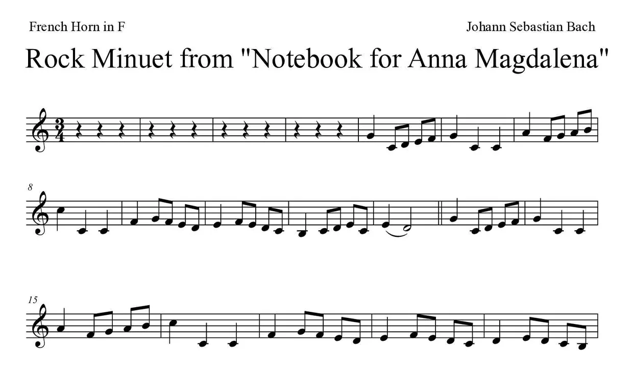 Sheet music of Rock Minuet from "Notebook for Anna Magdalena" for French horn (Medium), first lines