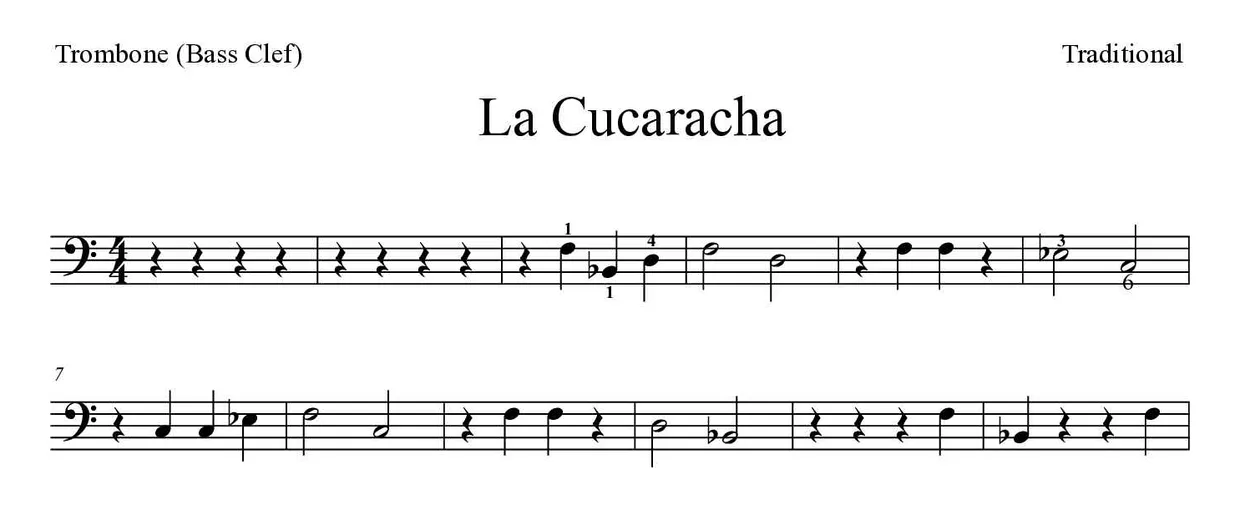 Partitura de La Cucaracha para trombón, primeras líneas