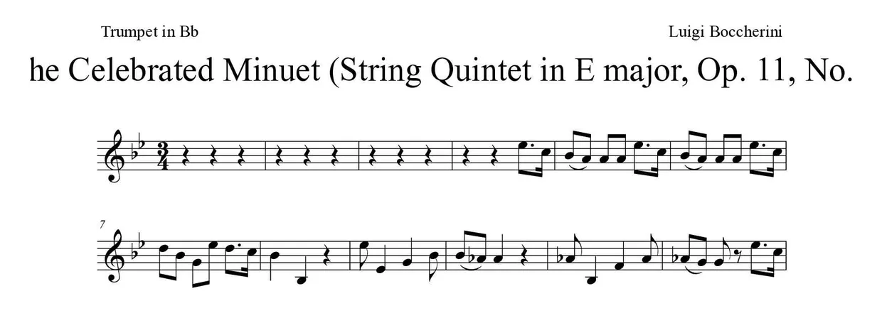 Sheet music of The Celebrated Minuet (String Quintet in E major, Op. 11, No. 5) for trumpet in Bb (Medium), first lines