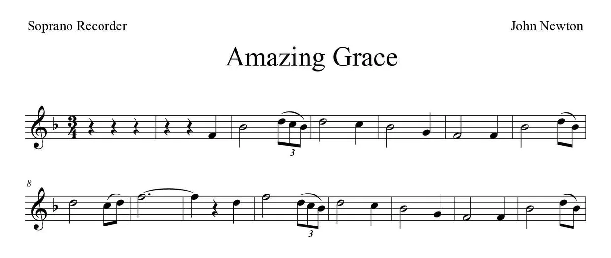 Sheet music of Amazing Grace for recorder (Medium), first lines