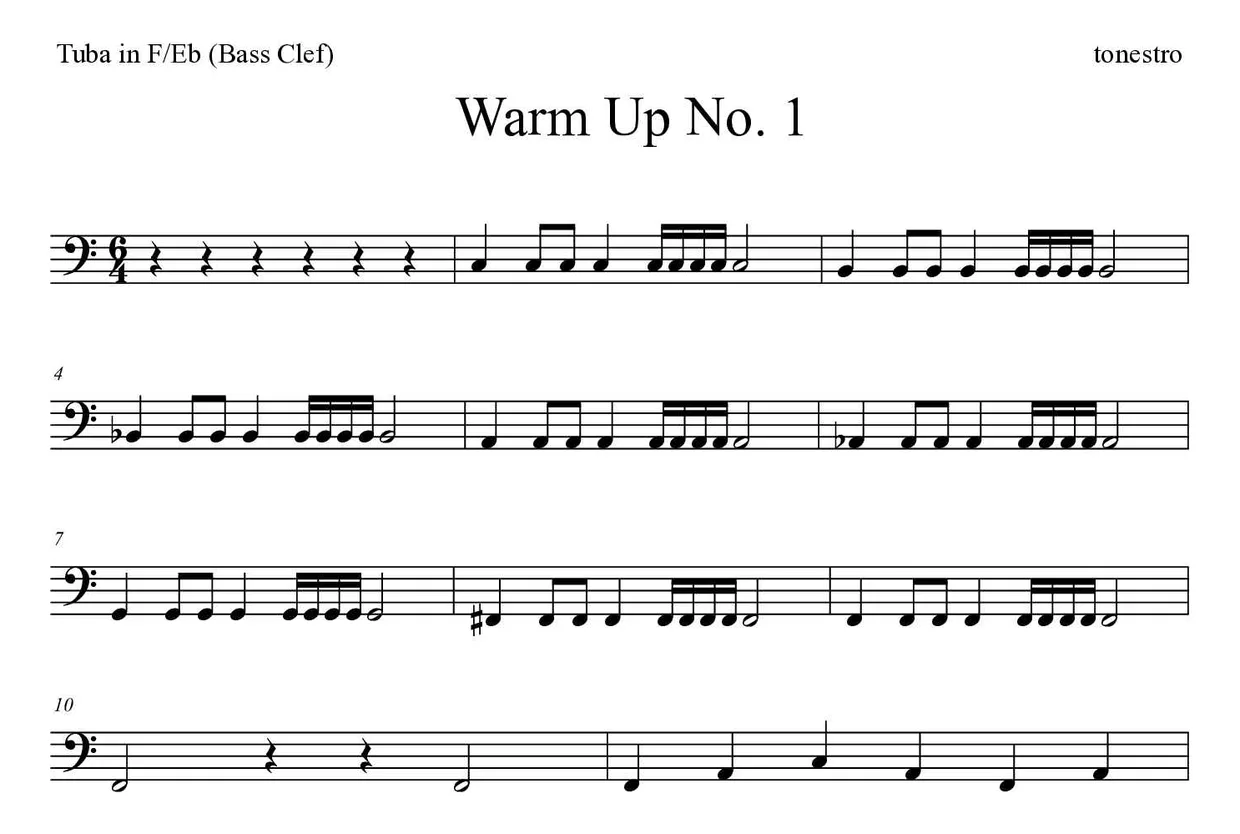 Partition de Warm Up No. 1 pour tuba en fa/mi bémol (clé de fa), premières lignes