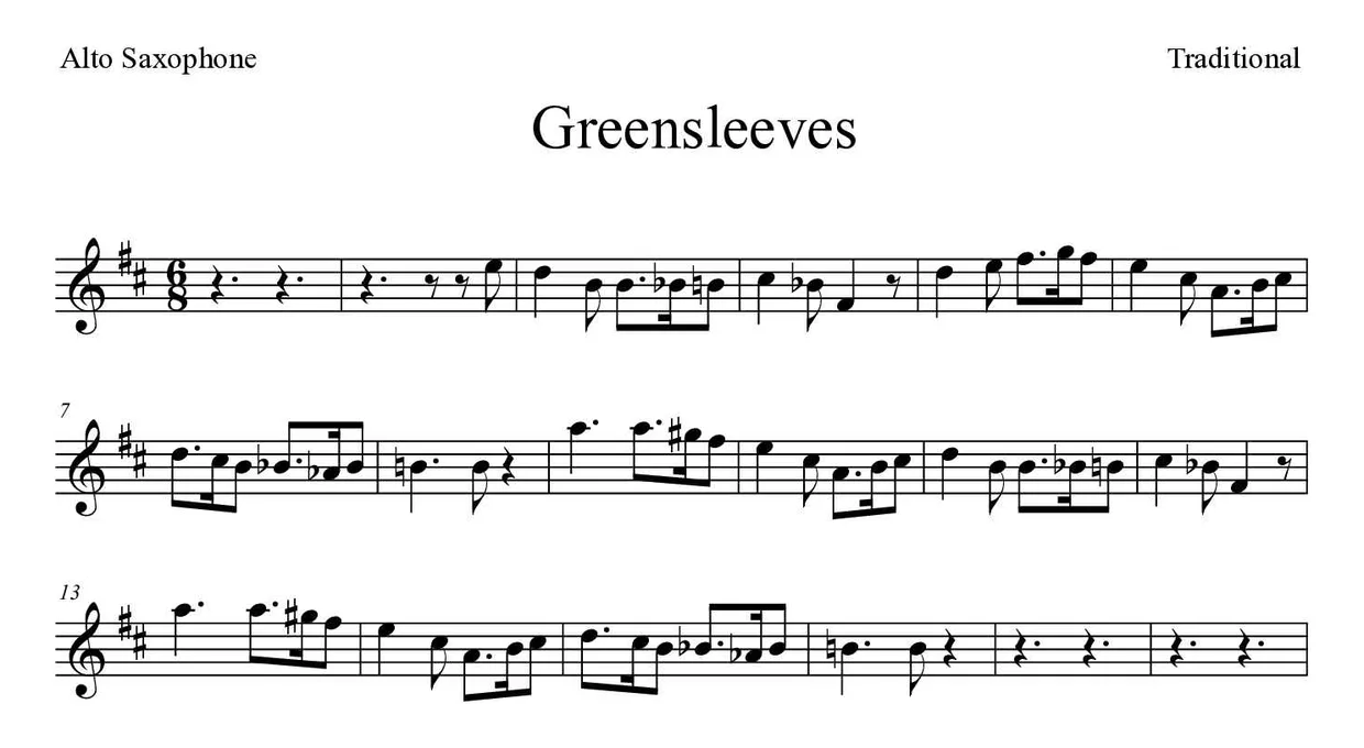 「Greensleeves」Alto Saxophone用楽譜の最初の数段