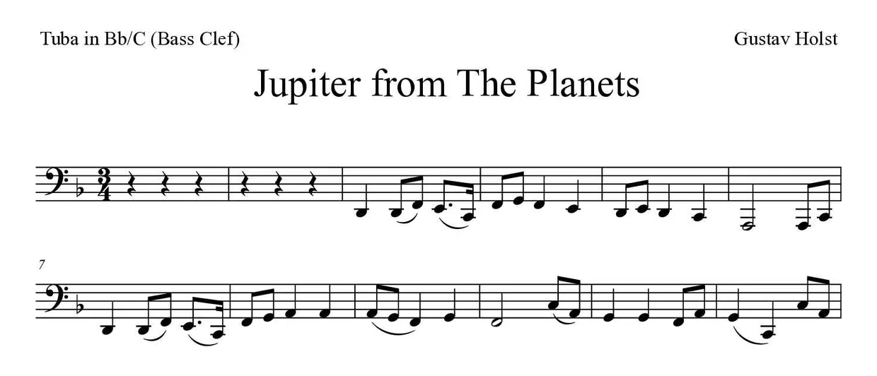 「Jupiter from The Planets」Tuba in Bb/C (Bass Clef)用楽譜の最初の数段