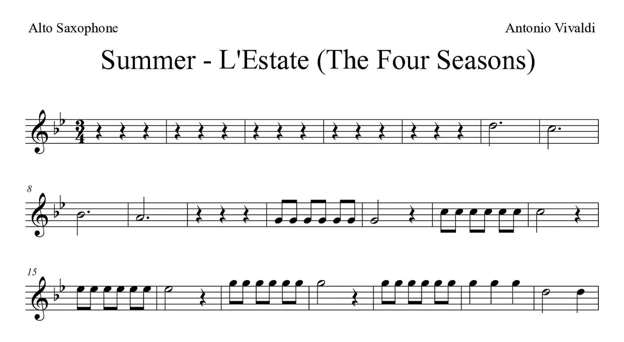 ‘Summer - L'Estate (The Four Seasons)’ Alto Saxophone 악보의 첫 몇 줄
