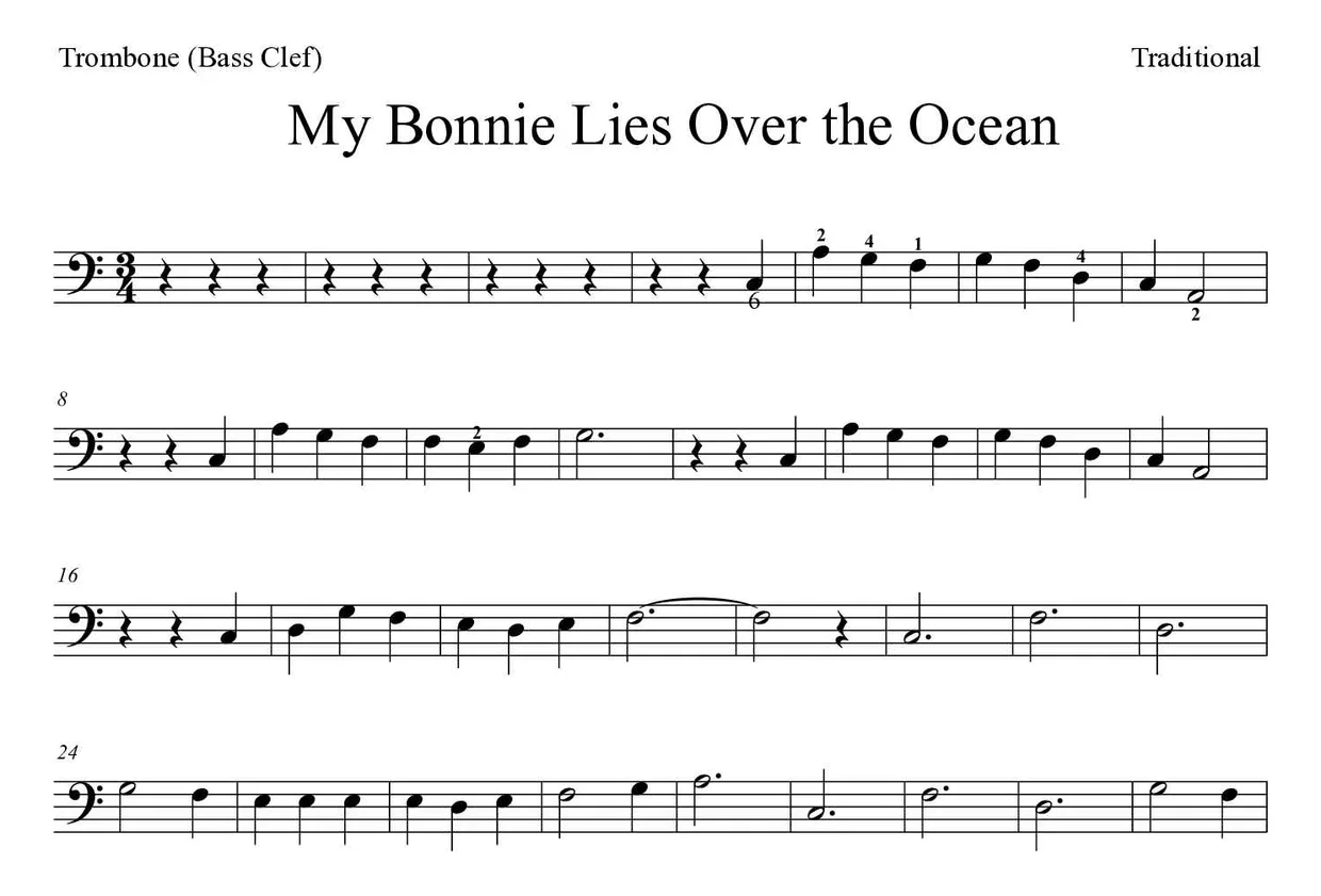 「My Bonnie Lies Over the Ocean」Trombone用楽譜の最初の数段