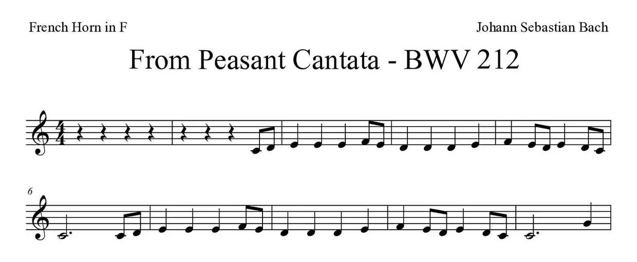 《From Peasant Cantata - BWV 212》法国号乐谱前几行