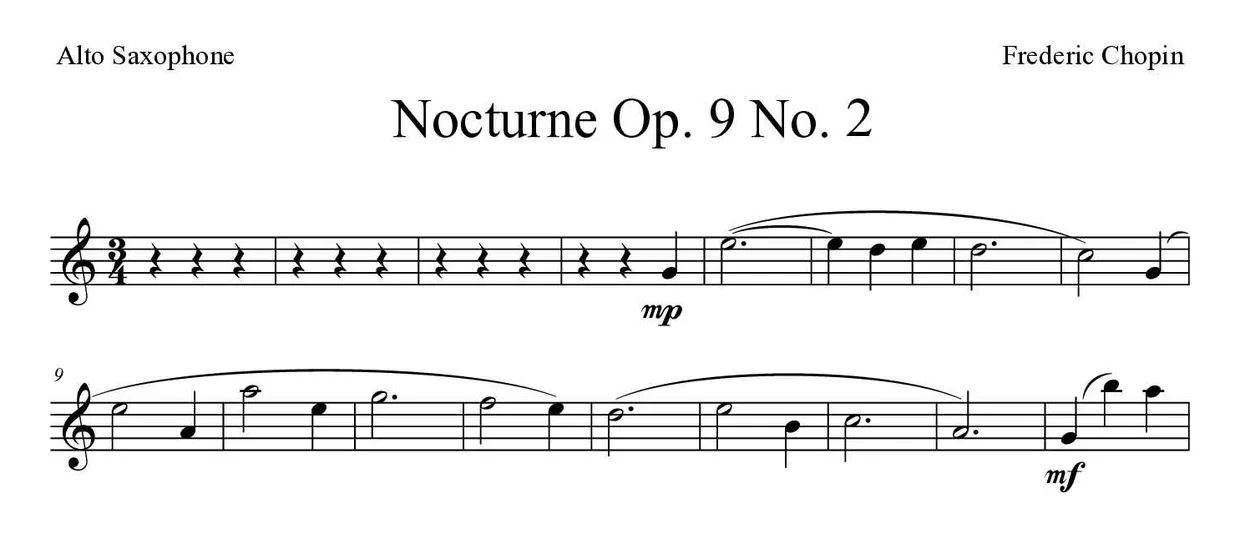 「Nocturne Op. 9 No. 2」Alto Saxophone用楽譜の最初の数段