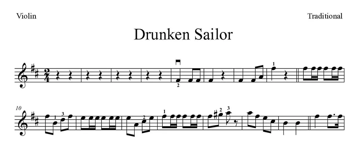 Spartito di Drunken Sailor per violin, prime righe