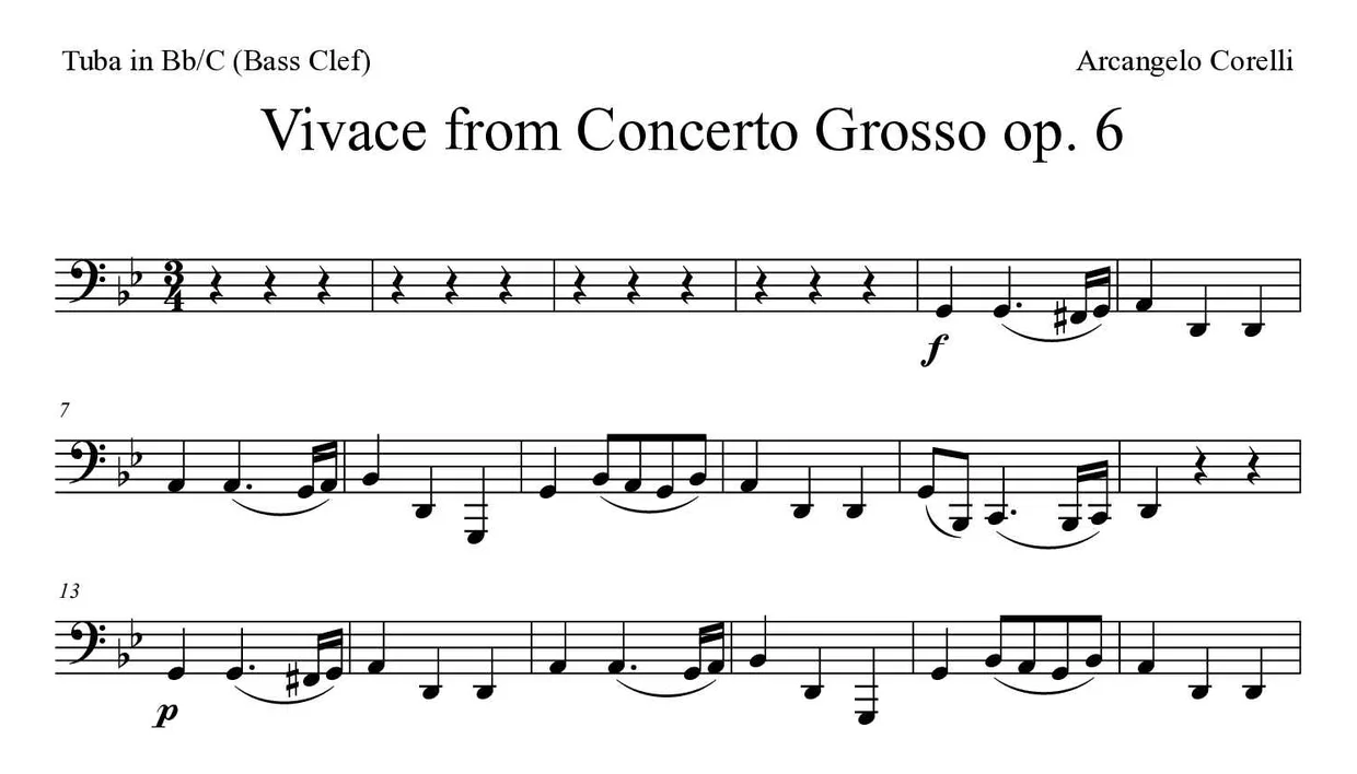 Partition de Vivace from Concerto Grosso op. 6 pour tuba en si bémol/do (clé de fa), premières lignes