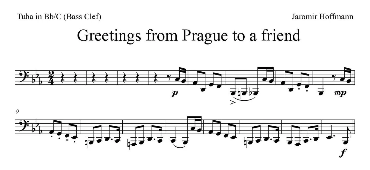 「Greetings from Prague to a friend」Tuba in Bb/C (Bass Clef)用楽譜の最初の数段